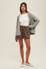 Light Olive Contrast Knit Open Cardigan