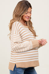 Taupe Striped Dot Contrast Knit Maternity Sweater