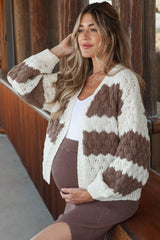 Brown Colorblock Chunky Knit Open Maternity Cardigan