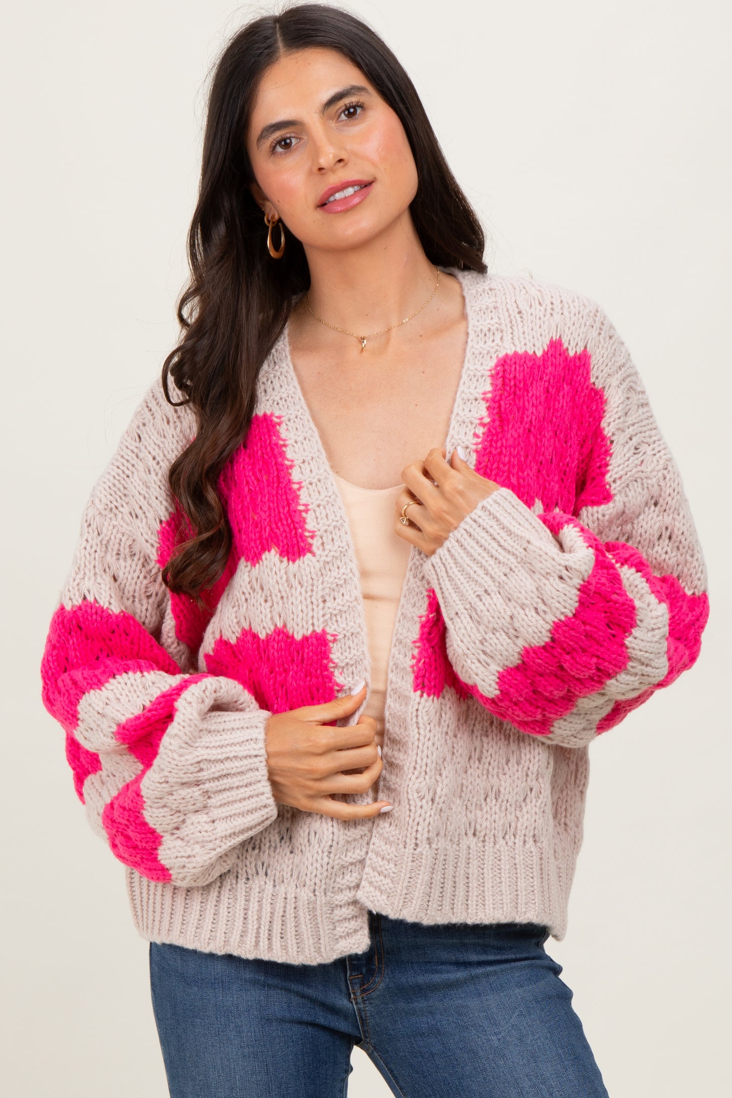 Pink Colorblock Chunky Knit Open Cardigan