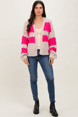 Pink Colorblock Chunky Knit Open Cardigan