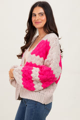 Pink Colorblock Chunky Knit Open Cardigan