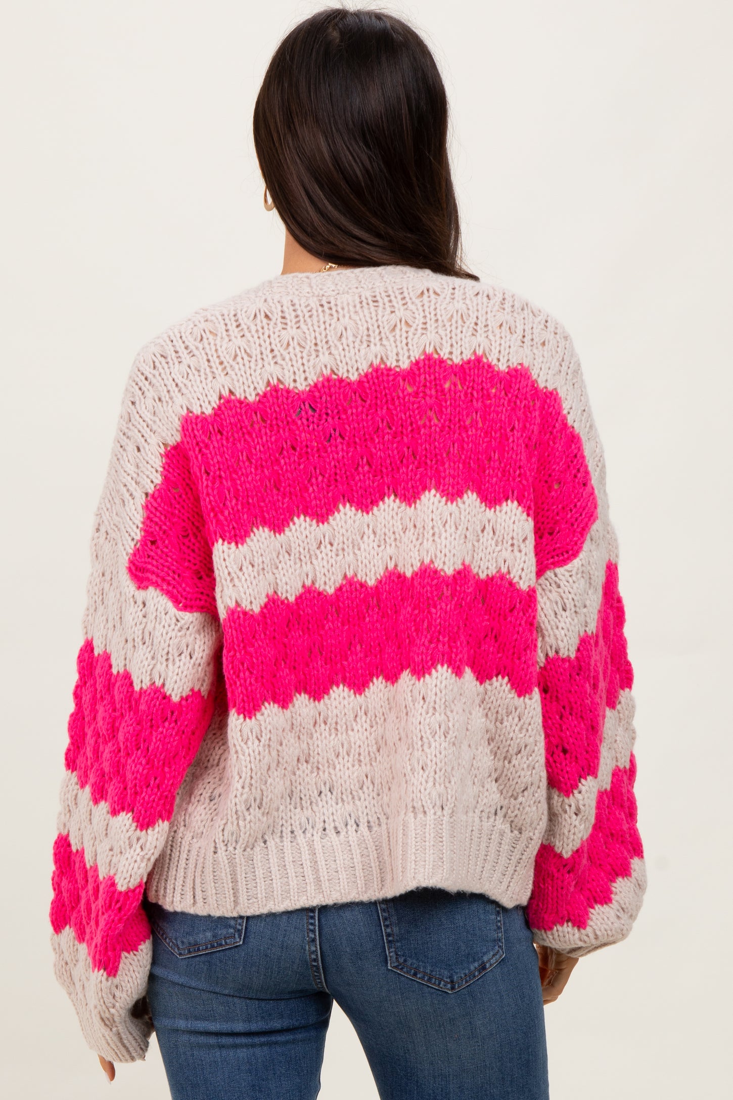 Pink Colorblock Chunky Knit Open Cardigan