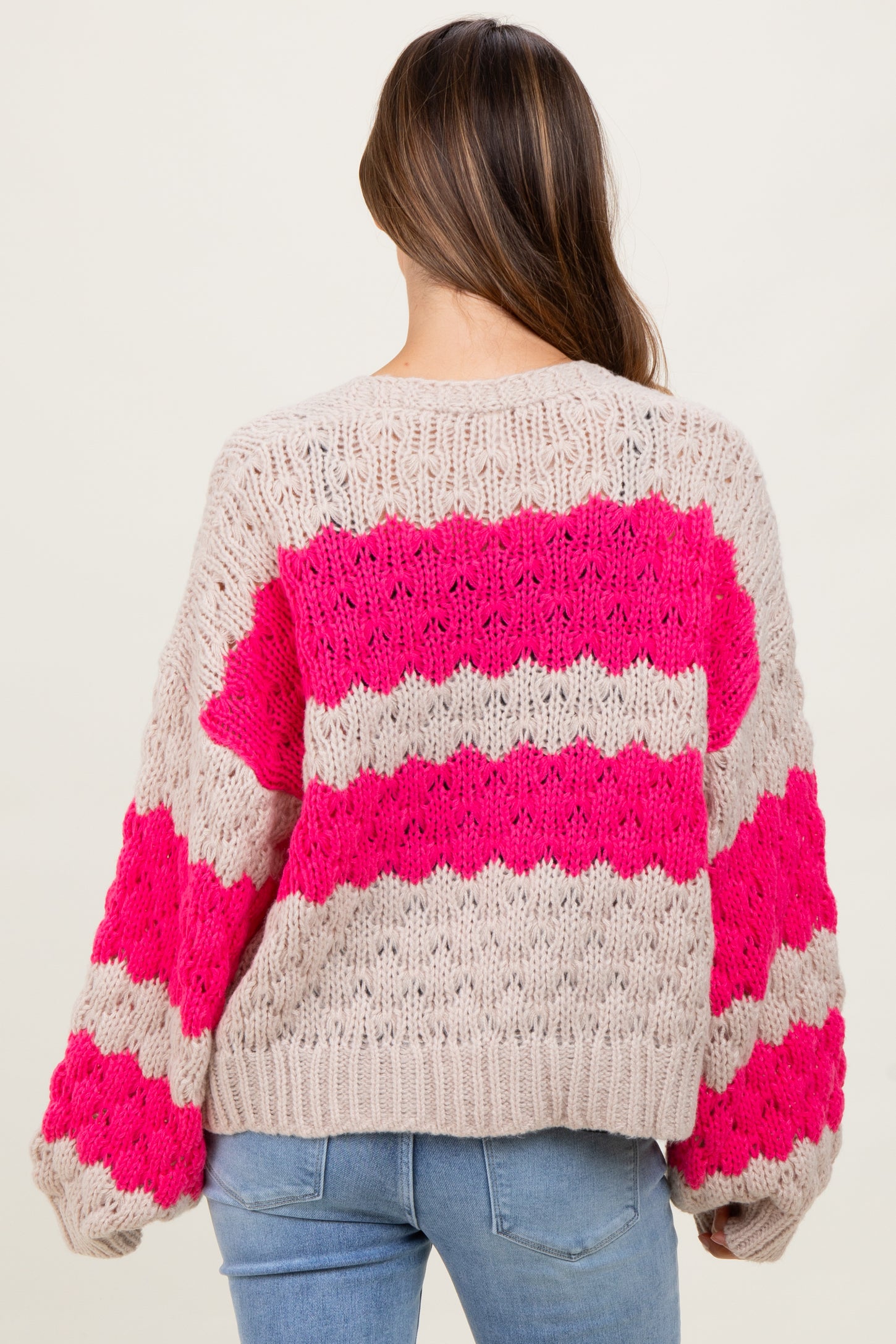 Pink Colorblock Chunky Knit Open Maternity Cardigan