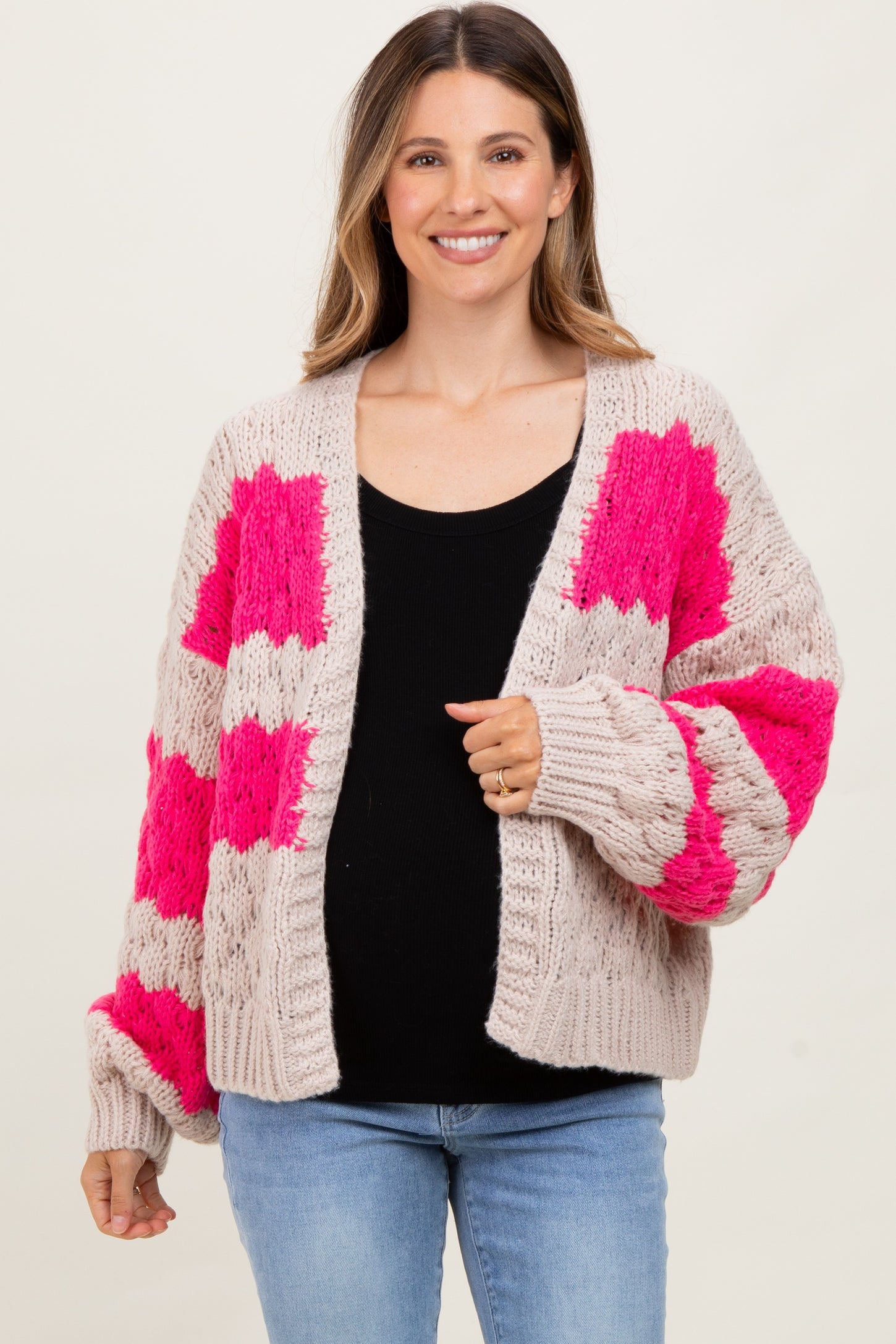 Pink Colorblock Chunky Knit Open Maternity Cardigan