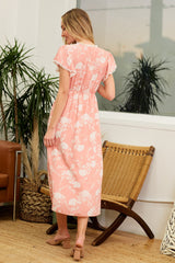 Peach Floral Crochet Trim Midi Dress