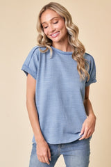 Blue Ribbed Exposed Seam Short Sleeve Top