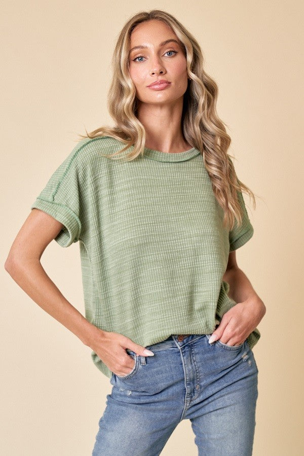 Light Olive Ribbed Exposed Seam Short Sleeve Top