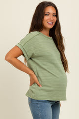 Light Olive Ribbed Exposed Seam Short Sleeve Maternity Top