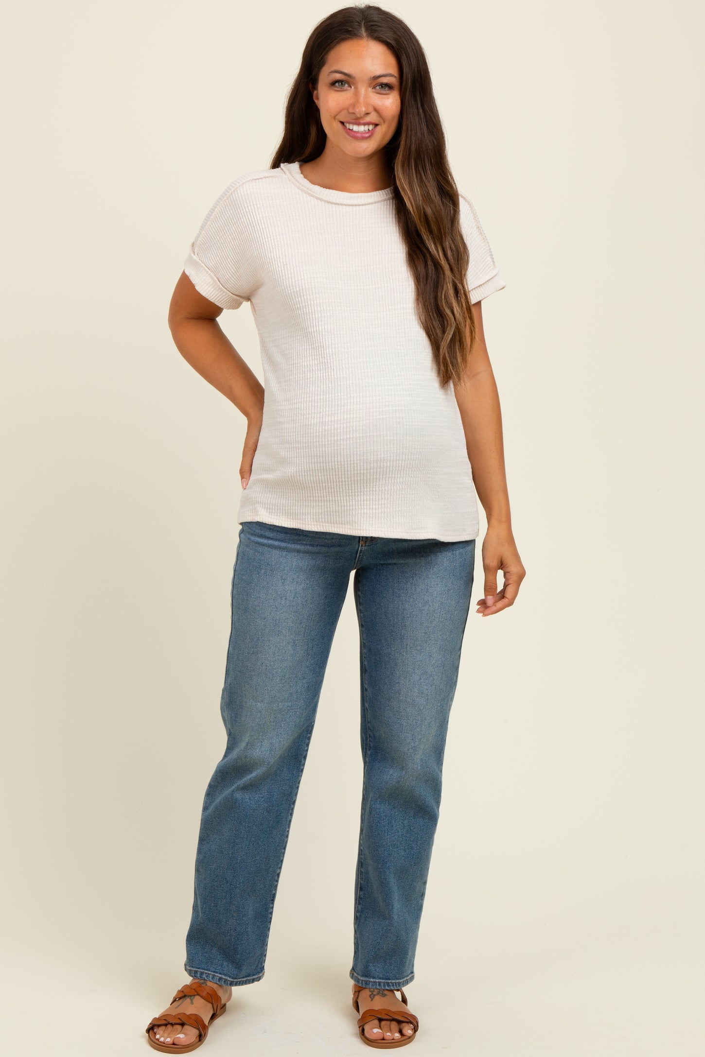 Ivory Ribbed Exposed Seam Short Sleeve Maternity Top