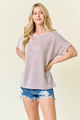 Taupe Ribbed Exposed Seam Short Sleeve Top