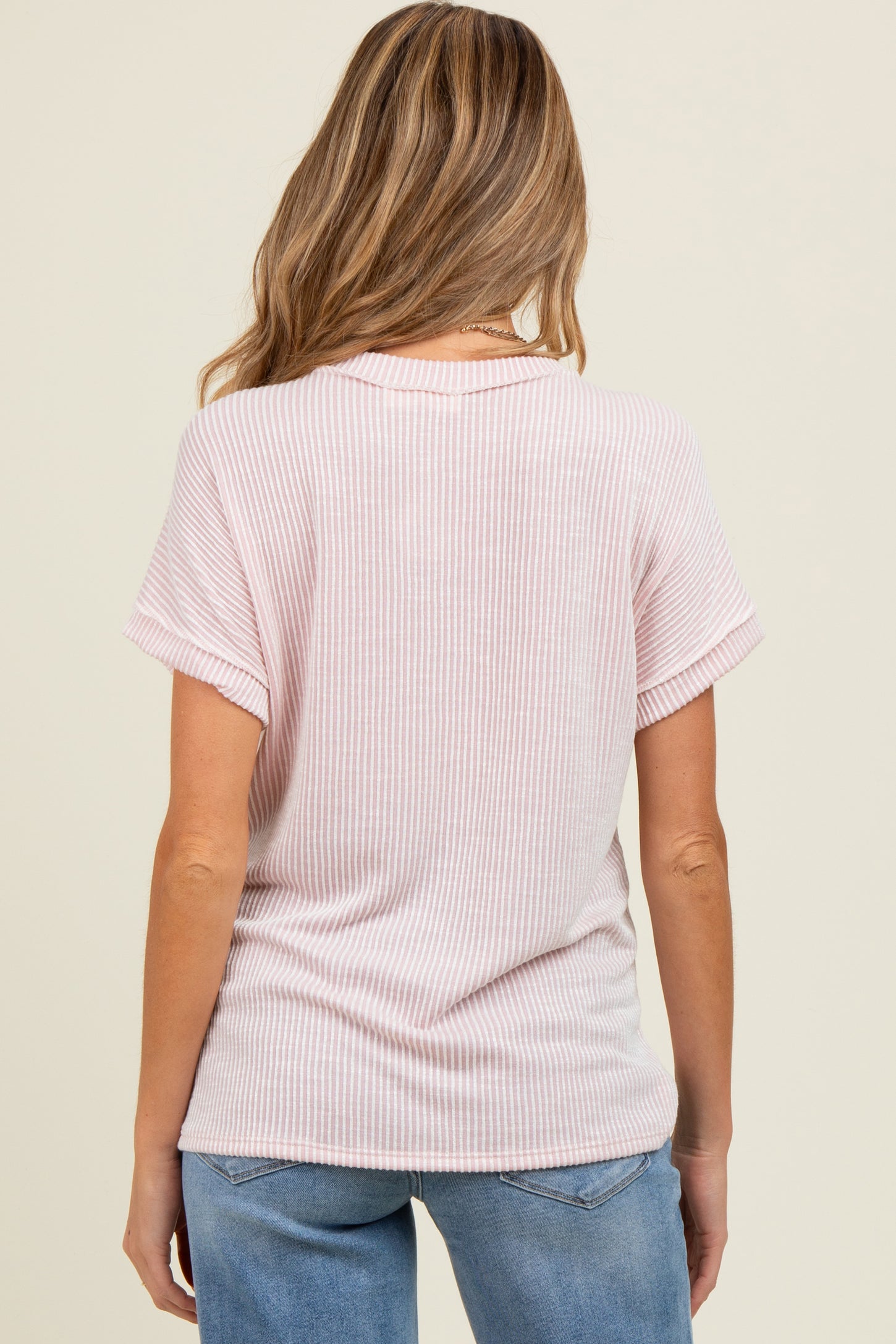 Pink Ribbed Exposed Seam Maternity Short Sleeve Top