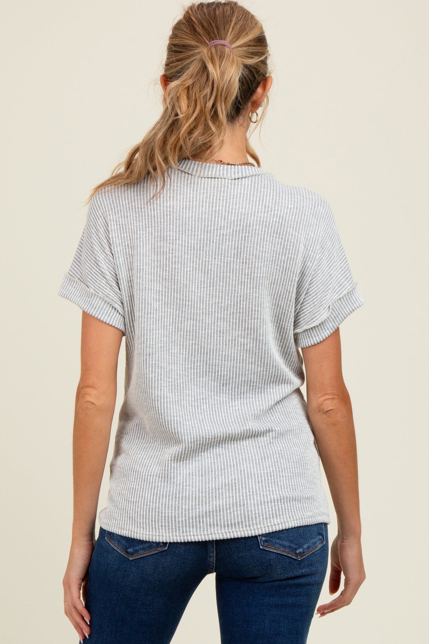 Heather Grey Ribbed Exposed Seam Maternity Short Sleeve Top