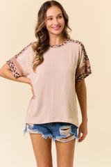 Beige Ribbed Animal Print Colorblock Maternity Short Sleeve Top