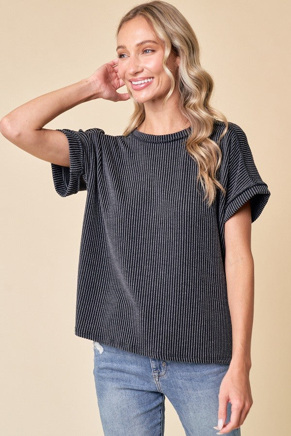 Black Exposed Seam Short Sleeve Top