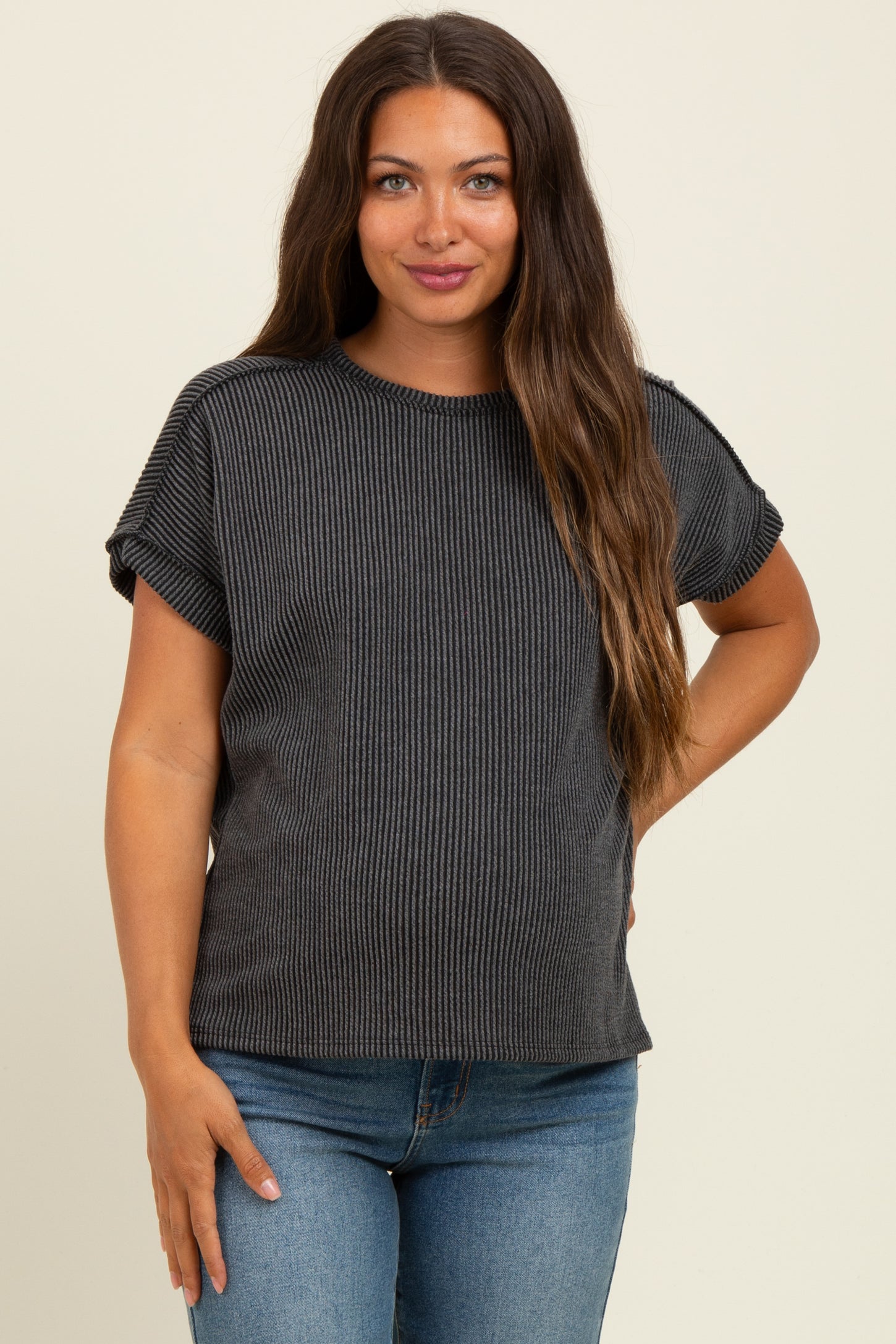 Black Exposed Seam Short Sleeve Maternity Top