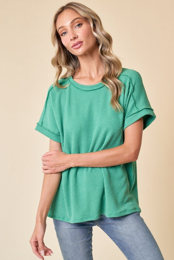 Green Exposed Seam Short Sleeve Top