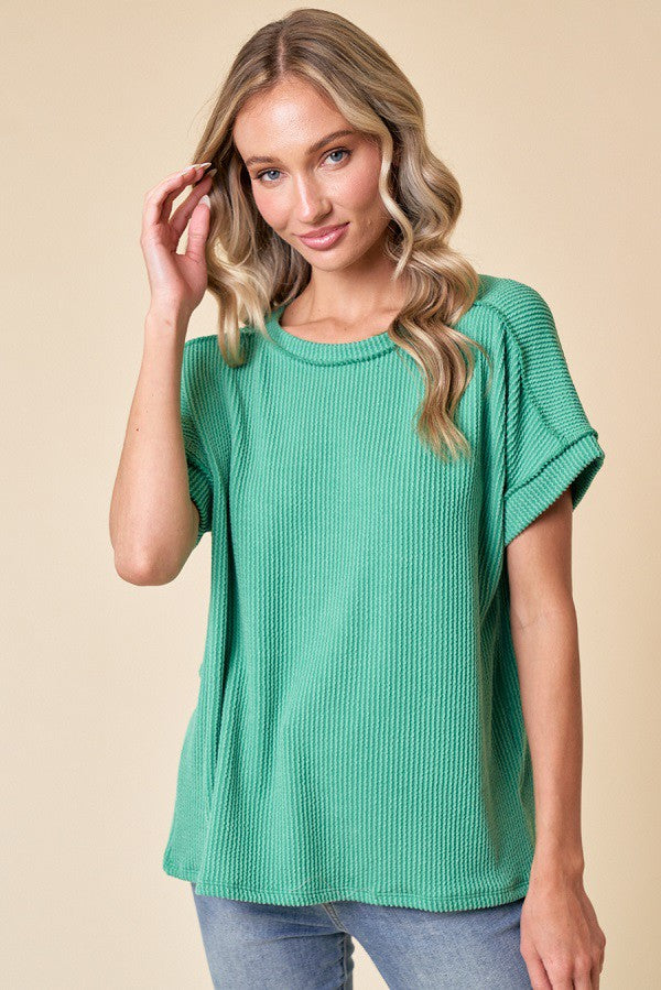 Green Exposed Seam Short Sleeve Top