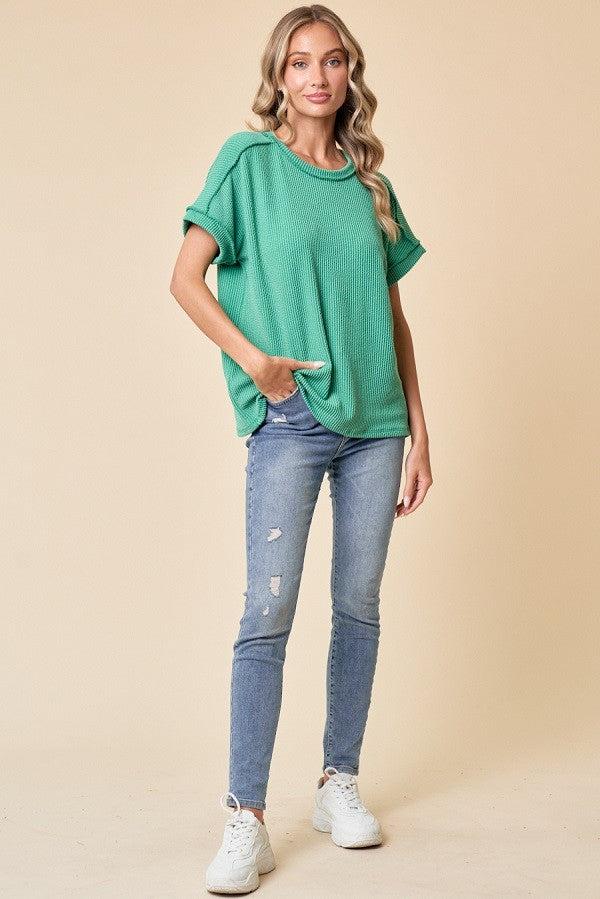 Green Exposed Seam Short Sleeve Top