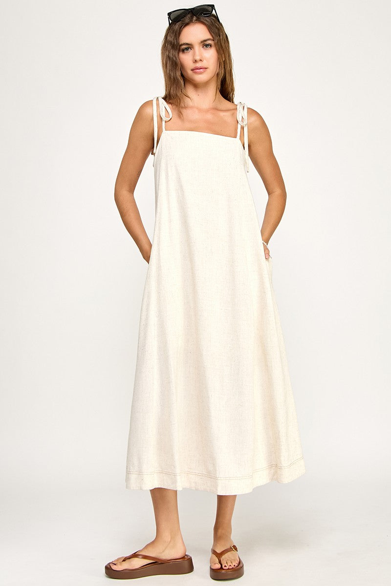 Ivory Shoulder Tie Midi Dress