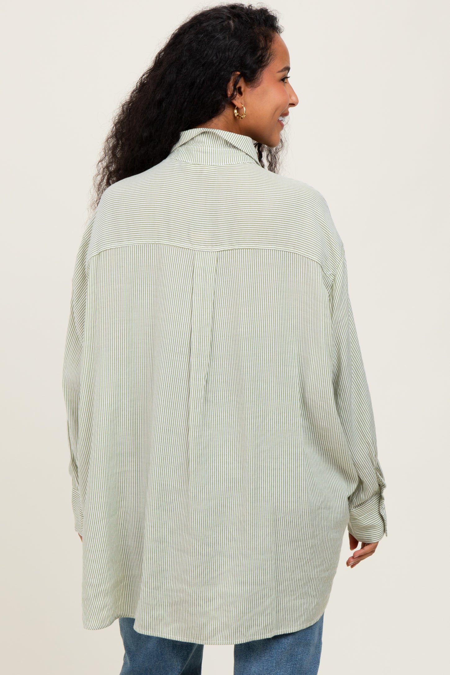 Light Olive Striped Oversized Maternity Button Down Shirt