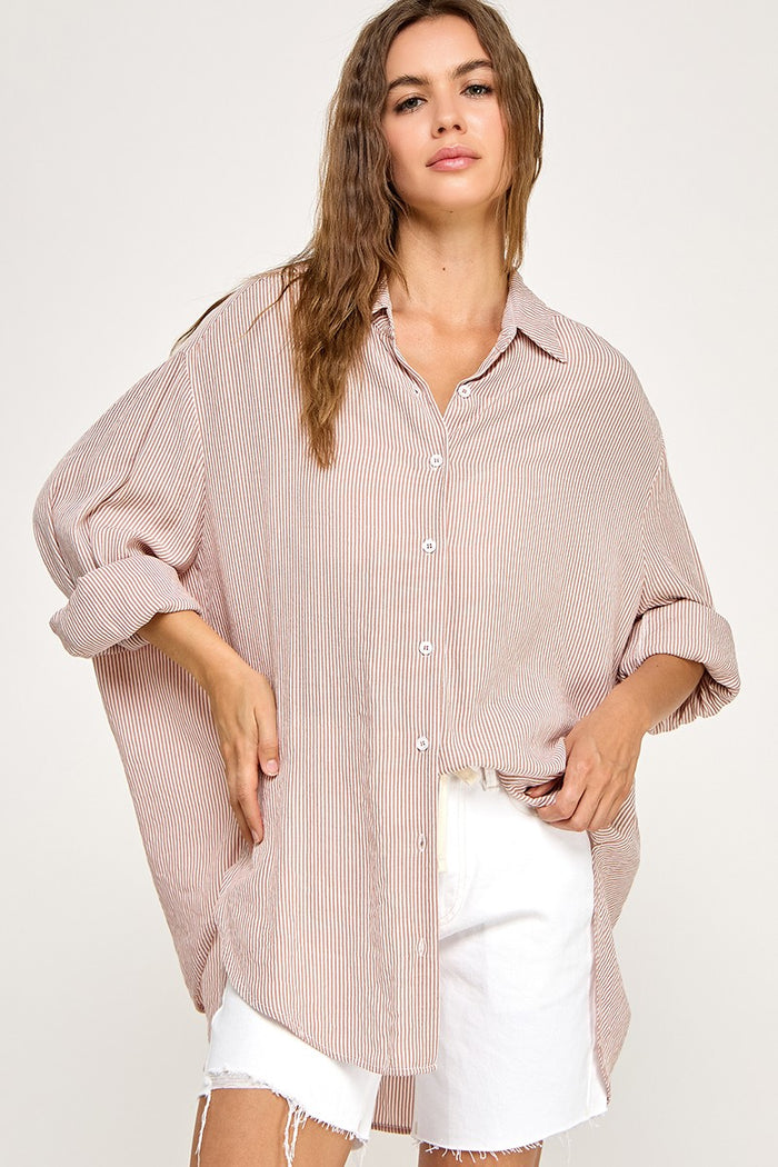Rust Striped Oversized Button Down Shirt