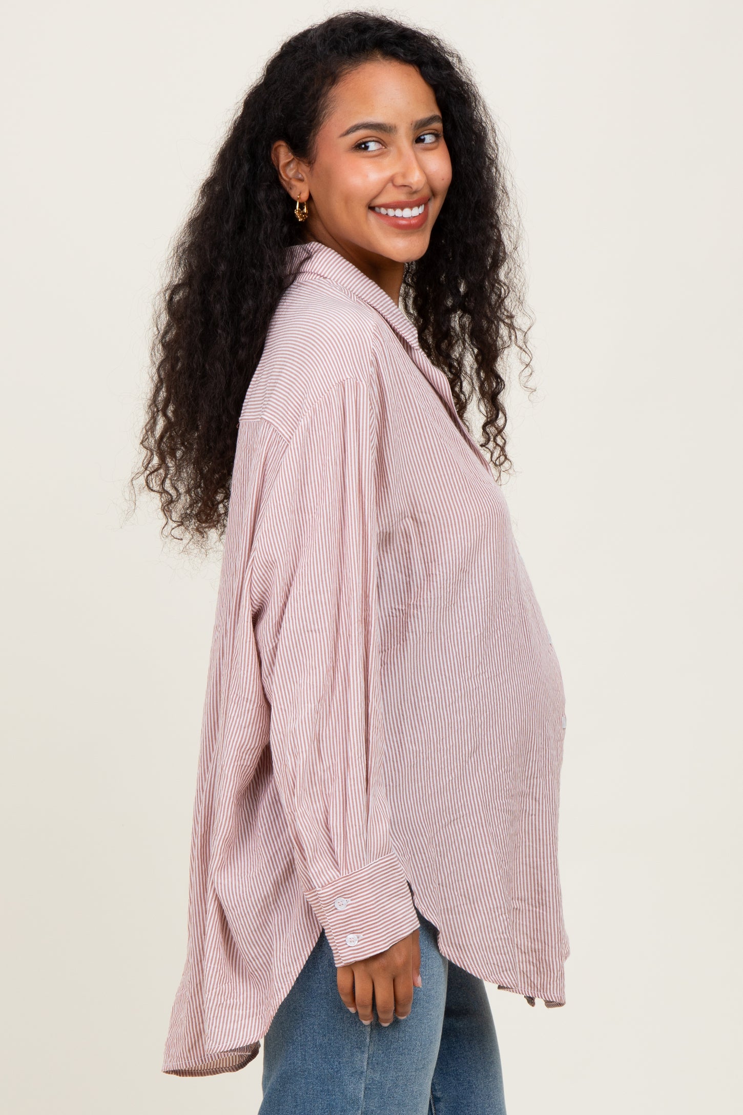 Rust Striped Oversized Maternity Button Down Shirt