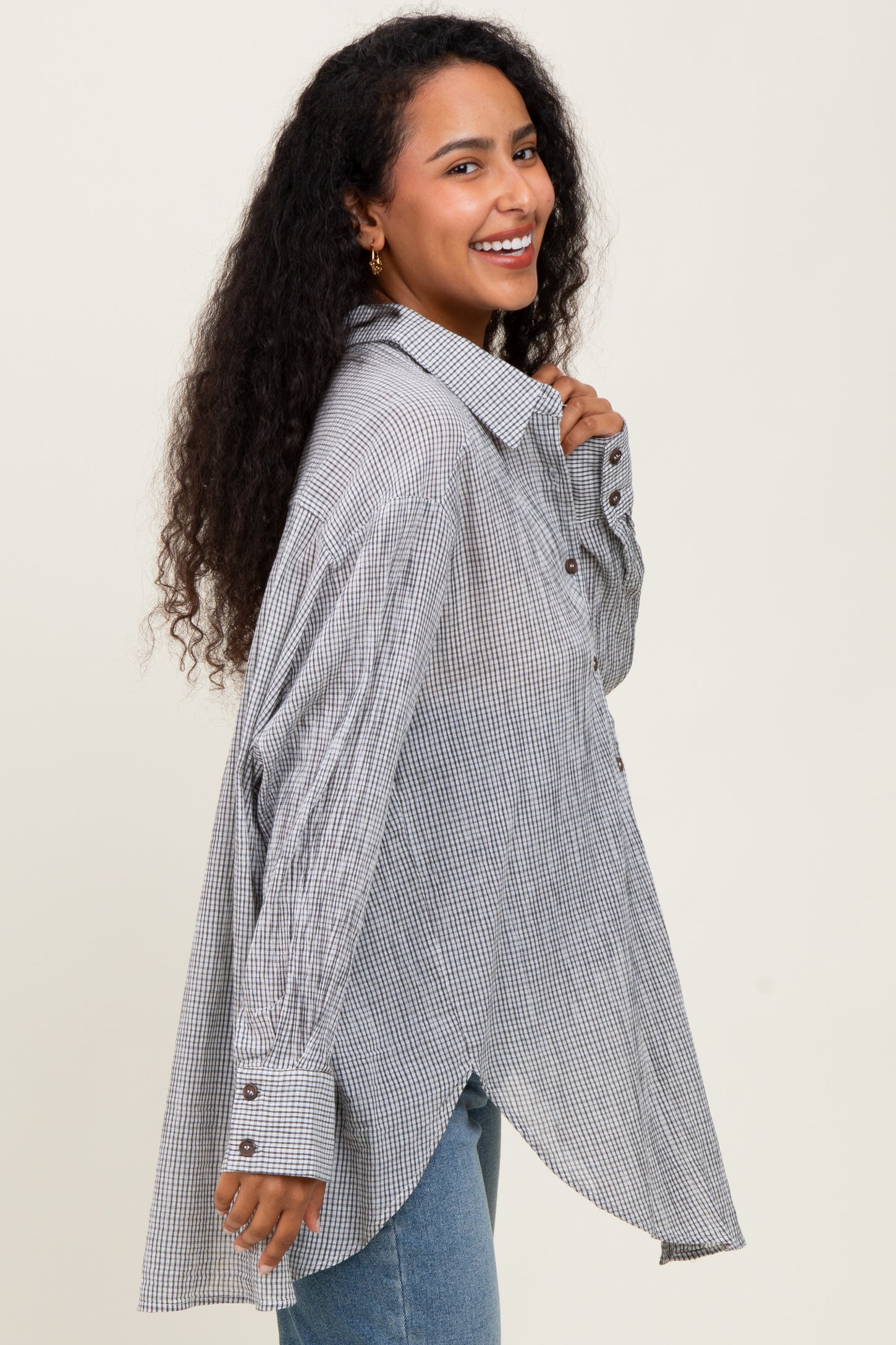 Black Checker Plaid Oversized Button Down Maternity Shirt