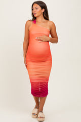 Orange Ombre Mesh One Shoulder Maternity Midi Dress