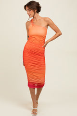 Orange Ombre Mesh One Shoulder Midi Dress