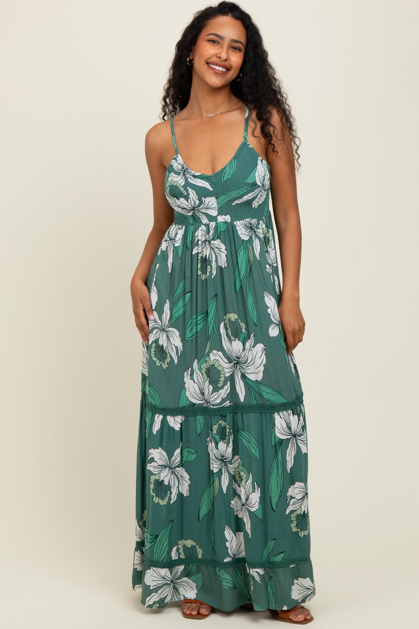 Green Floral V-Neck Smocked Lace Trim Maxi Dress