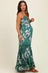 Green Floral V-Neck Smocked Lace Trim Maternity Maxi Dress