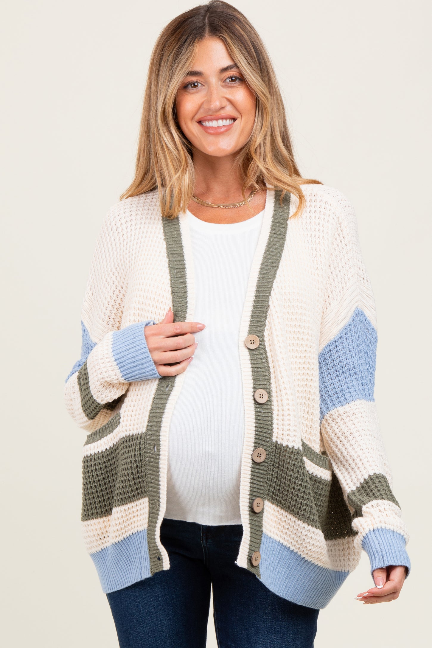 Cream Chunky Knit Colorblock Button-Up Maternity Cardigan