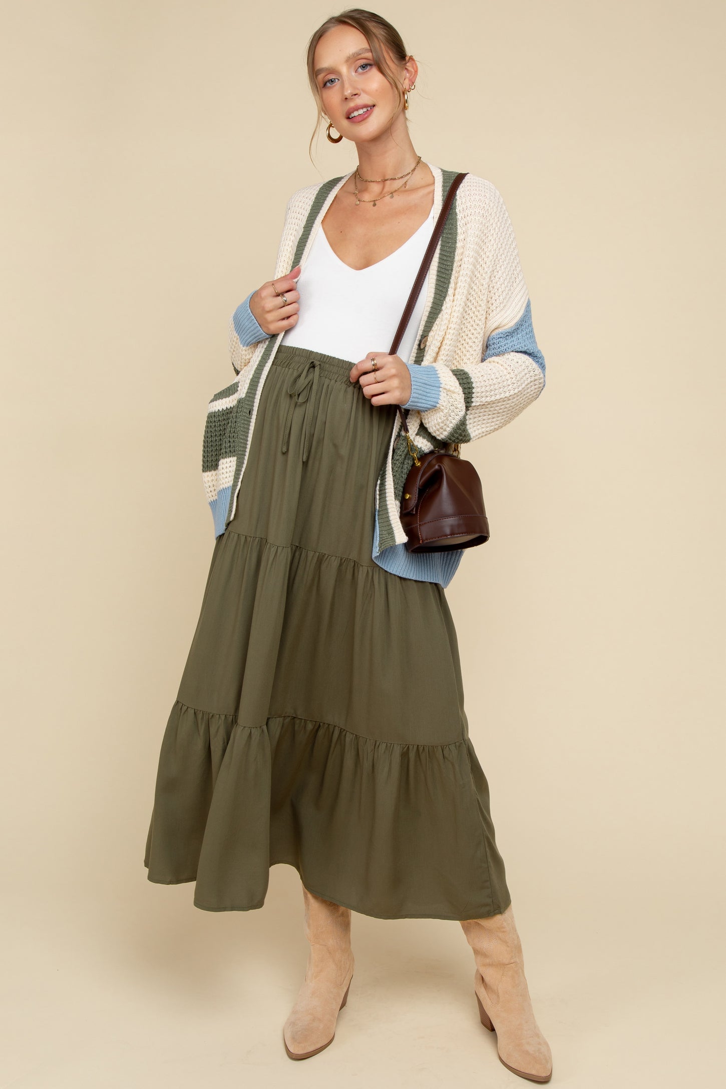 Cream Chunky Knit Colorblock Button-Up Maternity Cardigan