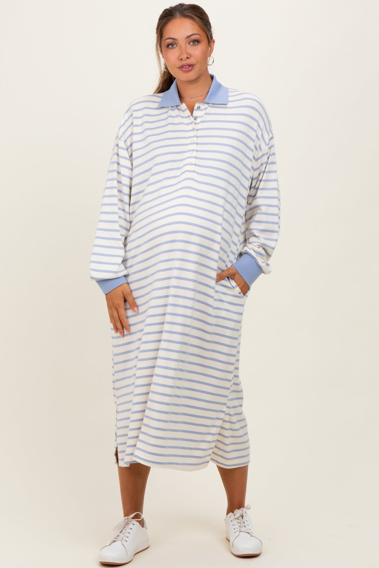 Periwinkle Stripe Snap Button Long Sleeve Maternity Midi Dress