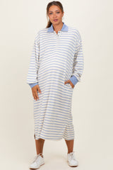 Periwinkle Stripe Snap Button Long Sleeve Maternity Midi Dress