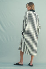 Black Stripe Snap Button Long Sleeve Midi Dress