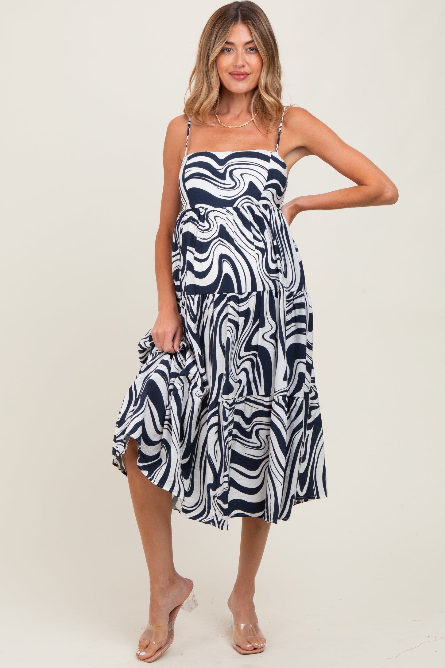 Navy Printed Tiered Sleeveless Maternity Midi Dress