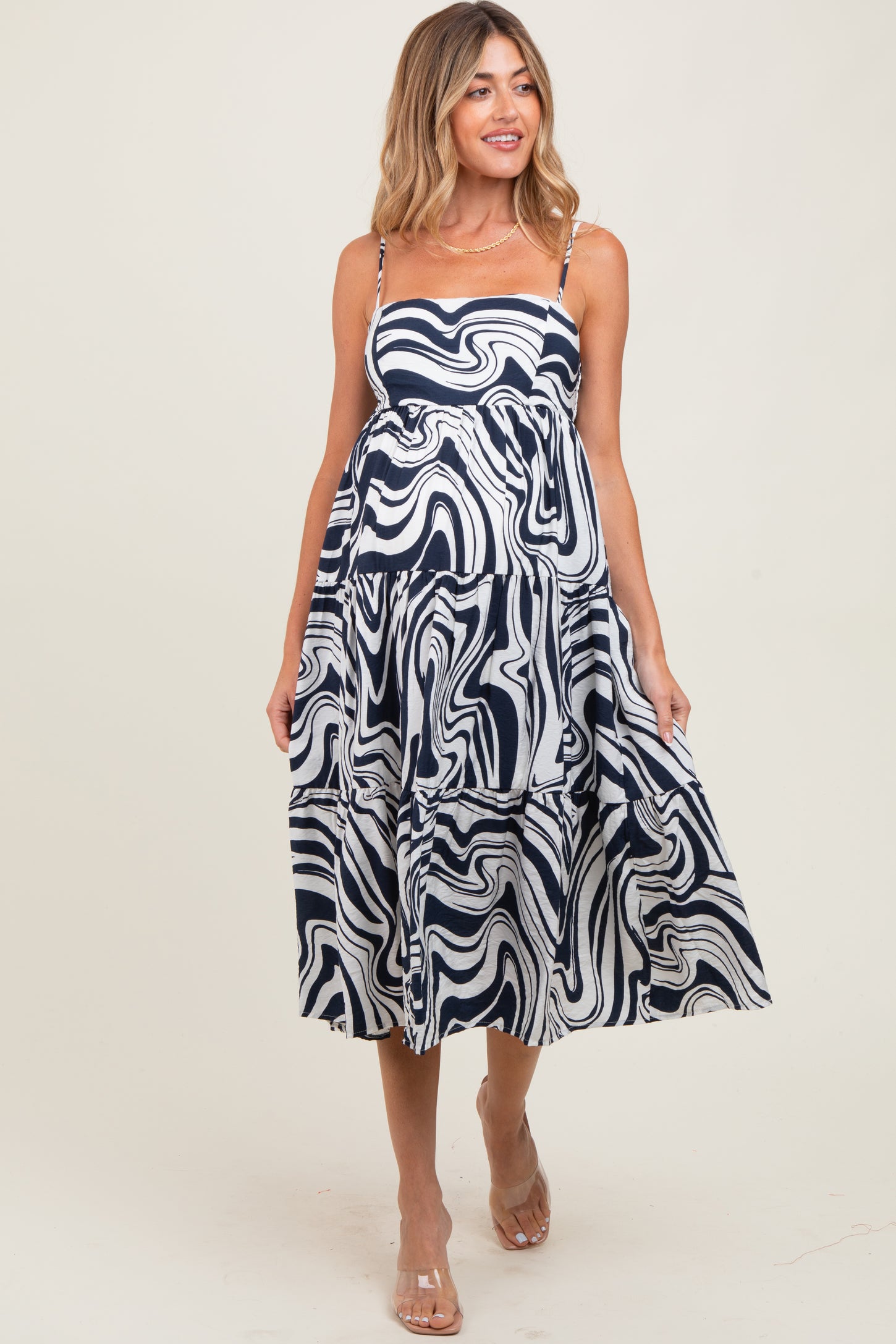 Navy Printed Tiered Sleeveless Maternity Midi Dress