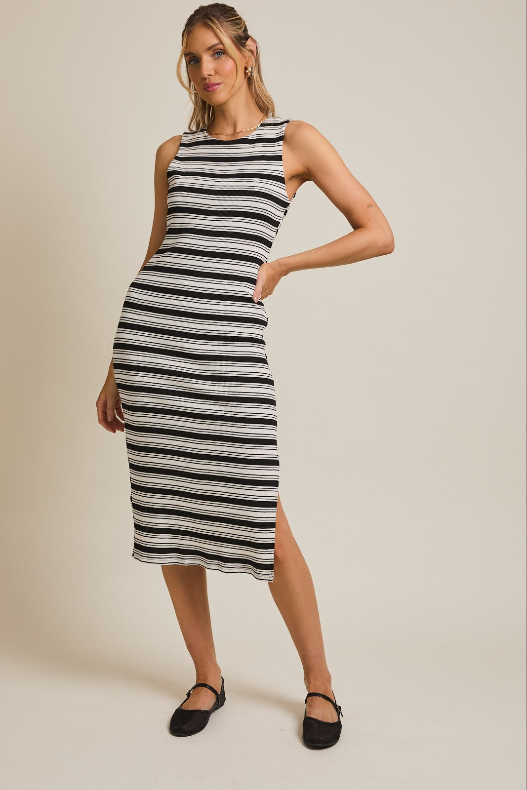 Black Multi-Stripe Ribbed Sleeveless Cutout Midi Dress