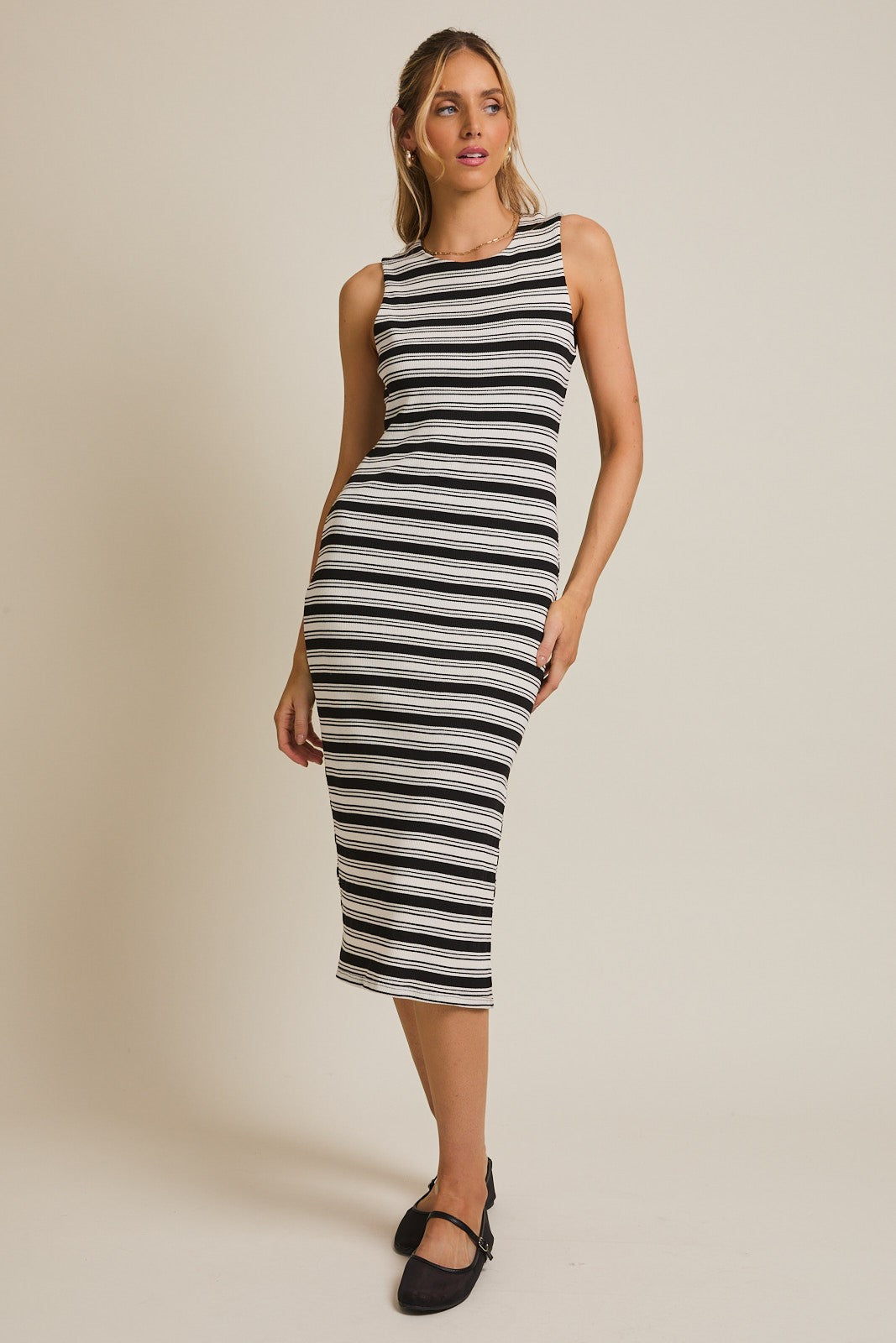 Black Multi-Stripe Ribbed Sleeveless Cutout Midi Dress
