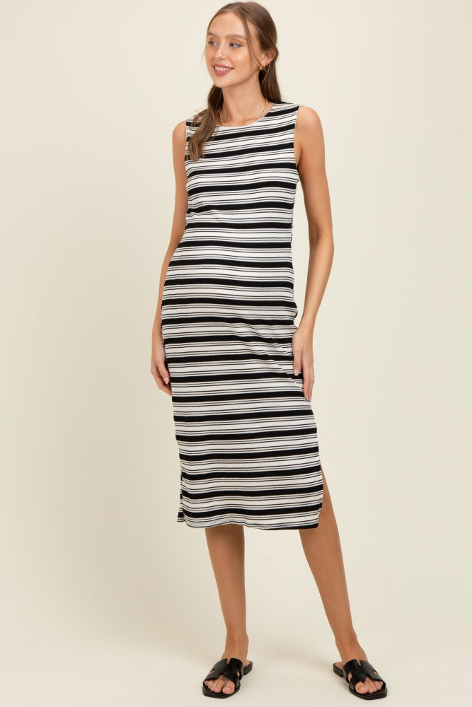 Black Multi-Stripe Ribbed Sleeveless Cutout Maternity Midi Dress