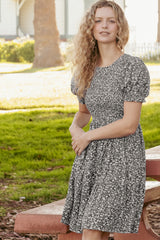 Black Floral Puff Sleeve Smocked Dress