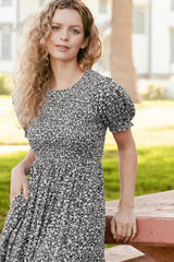 Black Floral Puff Sleeve Smocked Dress