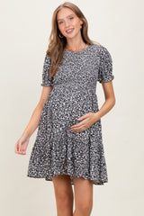 Black Floral Puff Sleeve Smocked Maternity Dress