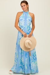 Blue Floral Halter Sleeveless Sash Tie Maternity Maxi Dress