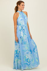 Blue Floral Halter Sleeveless Sash Tie Maxi Dress