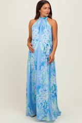 Blue Floral Halter Sleeveless Sash Tie Maternity Maxi Dress
