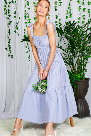 Blue Striped Shoulder Tie Ruffle Accent Tiered Maxi Dress