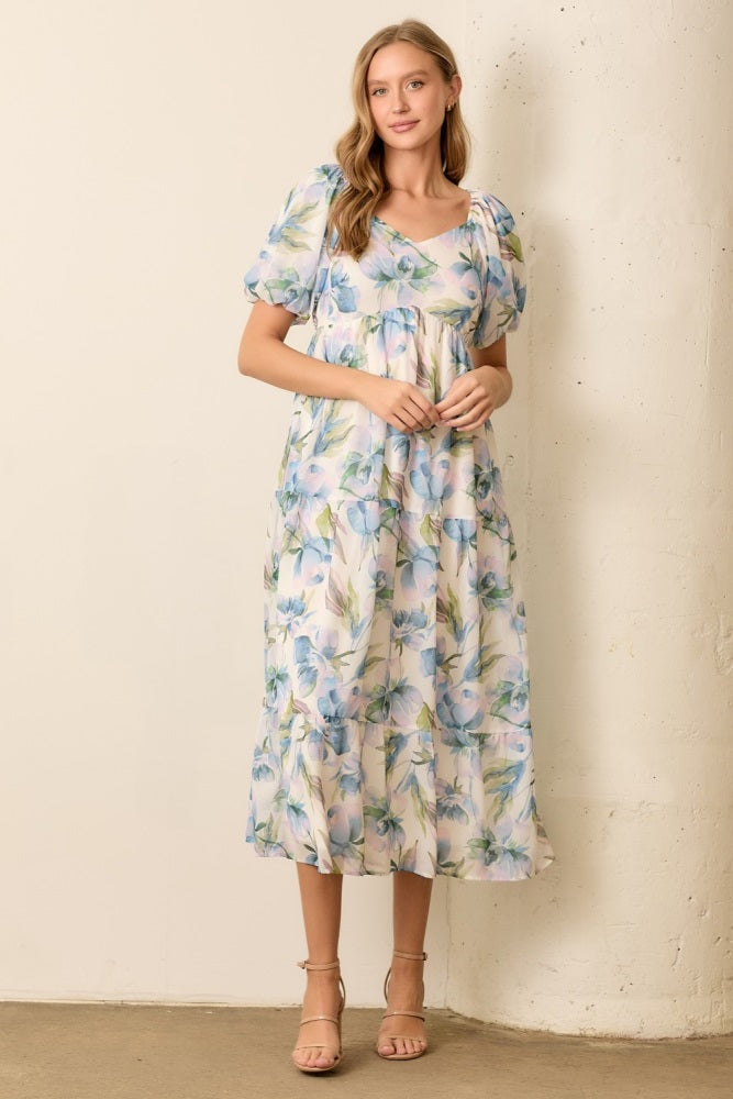 Blue Floral Chiffon Puff Sleeve Maternity Midi Dress